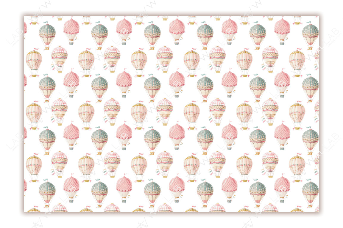 The image features elegant, pastel-colored hot air balloons with intricate patterns and decorative bunting connecting them, accompanied by fluffy clouds in a soft watercolor style. The composition evokes a dreamy and serene atmosphere, perfect for a whimsical or child-themed design.