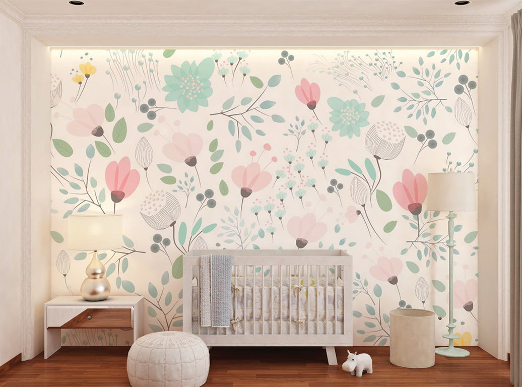 This delicate illustration showcases an array of whimsical floral patterns in pastel hues of pink, yellow, blue, and green. The design is composed of various stylized flowers, leaves, and branches, creating a light, airy, and cheerful aesthetic. it exudes a sense of elegance and serenity.