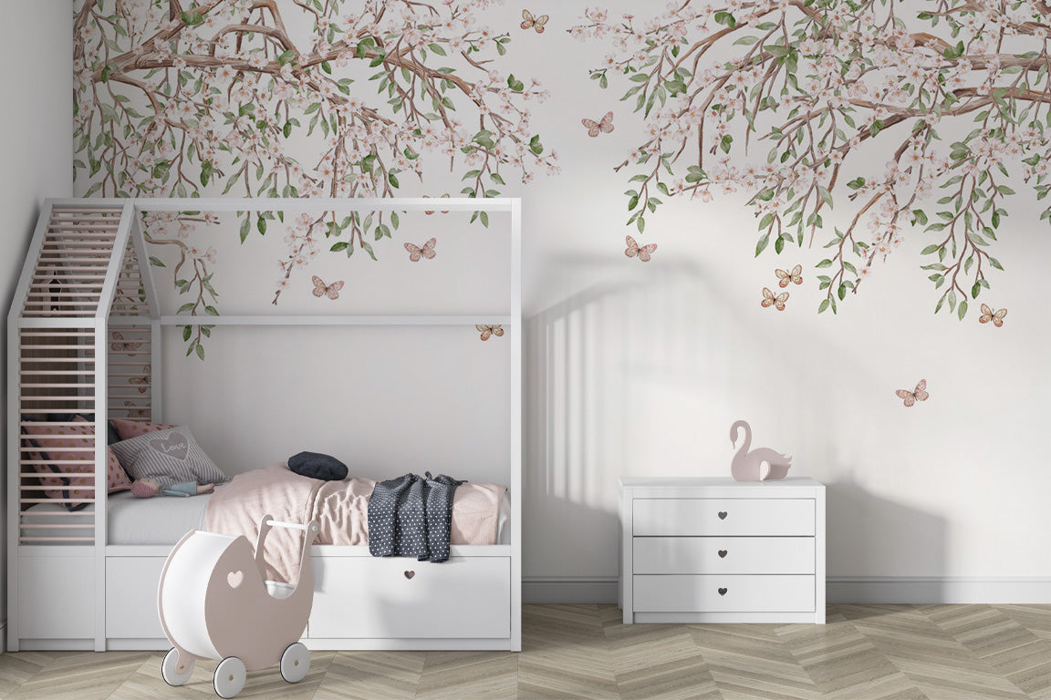 A delicate cherry blossom branches arching from the top, adorned with soft pink flowers and green leaves. Butterflies flutter gracefully around, adding a whimsical and serene touch to the pale background. Ideal for designs that evoke springtime, nature, and tranquillity.