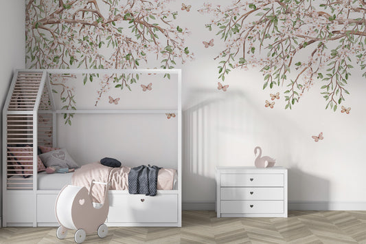 A delicate cherry blossom branches arching from the top, adorned with soft pink flowers and green leaves. Butterflies flutter gracefully around, adding a whimsical and serene touch to the pale background. Ideal for designs that evoke springtime, nature, and tranquillity.