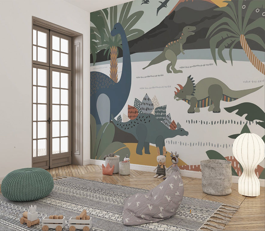 This illustration depicts a prehistoric scene featuring various dinosaurs, including a Brachiosaurus, Triceratops, and Stegosaurus, set against a backdrop of palm trees, a volcanic mountain, and a setting sun. Flying pterosaurs soar above, enhancing the ancient, Jurassic atmosphere. The soft, earthy color palette adds a playful and whimsical touch.