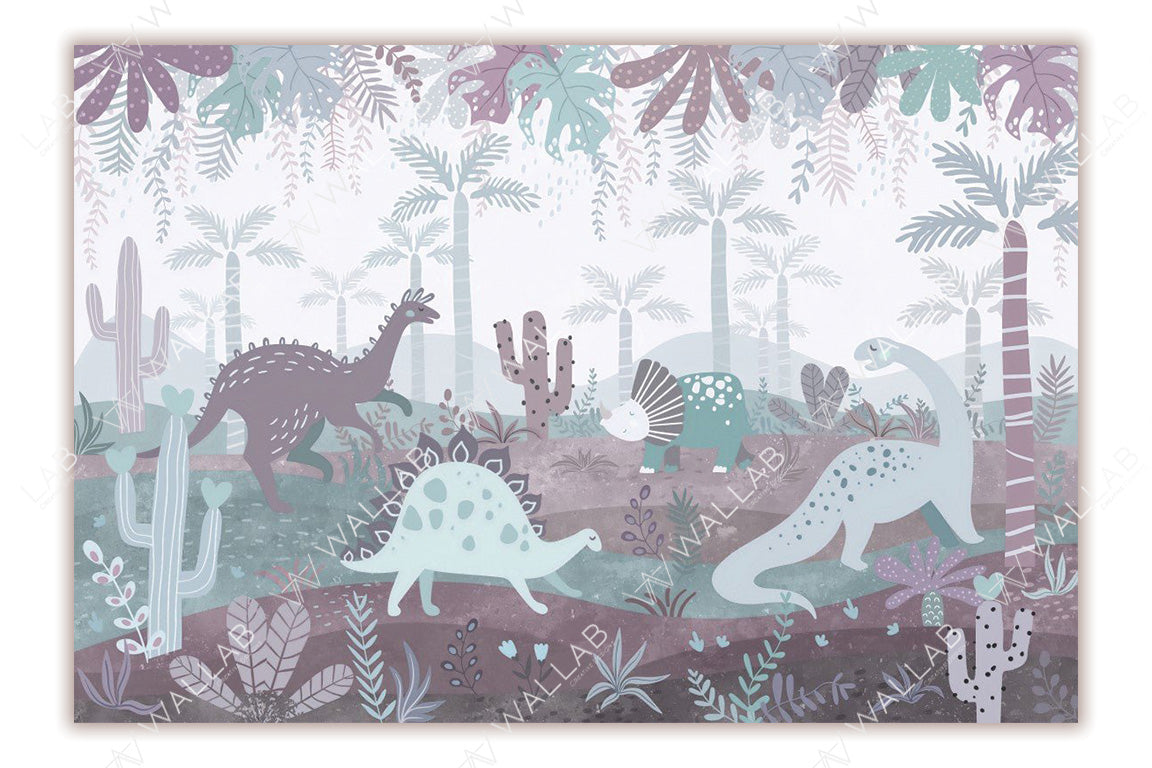 A playful and colorful depiction of dinosaurs in a lush prehistoric landscape. Featuring various species like a long-necked dinosaur, a spiky-backed stegosaurus, and a triceratops, the scene is filled with tropical plants, palm trees, and whimsical cacti with heart-shaped accents. The pastel color palette and friendly dinosaur designs make it perfect for a children's setting.