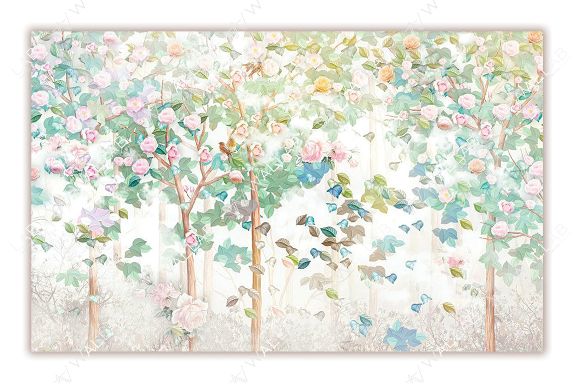 A whimsical and delicate garden scene featuring lush trees adorned with pastel roses and vibrant green leaves. Softly colored butterflies flutter around, enhancing the dreamlike quality. The ethereal background with diffused light adds a magical and tranquil atmosphere to the setting.