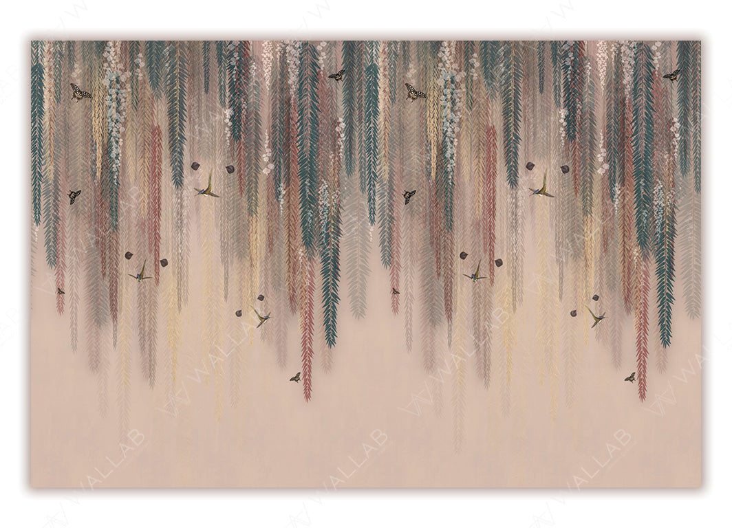 A decorative wallpaper design featuring cascading foliage in muted tones of green, red, and gold, resembling hanging vines. Small birds and butterflies are scattered throughout the scene, adding a whimsical and serene atmosphere to the artwork.
