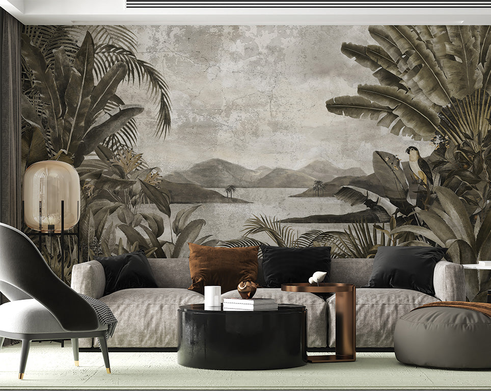A tropical landscape wallpaper featuring lush, oversized banana leaves and foliage in muted sepia tones, framing a serene lake with distant mountains under a cloudy sky. A perched parrot adds a pop of life and subtle vibrance to the otherwise calming and earthy scene.