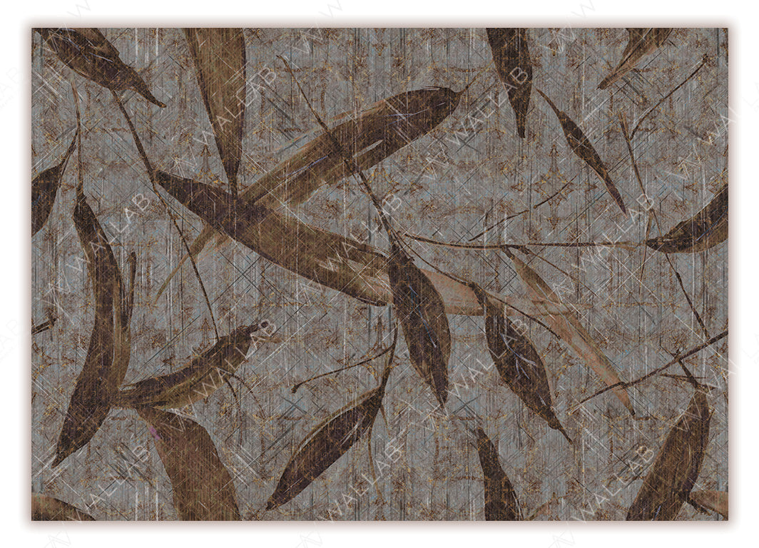 An abstract mural featuring stylized eucalyptus leaves over a textured background. The intricate line work and subtle layers add depth, creating a modern and organic design.