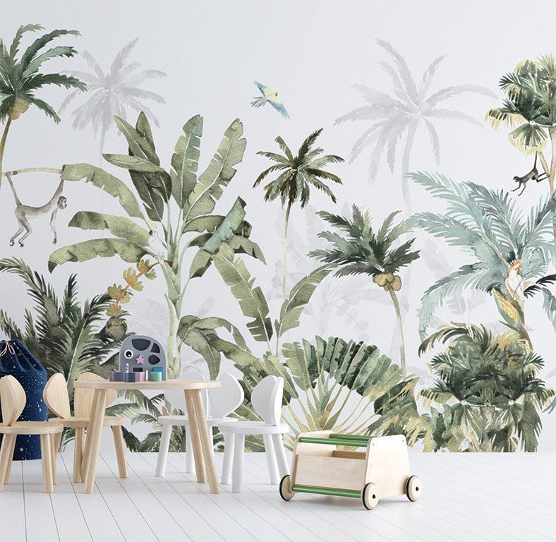 A lush jungle-themed illustration featuring tall tropical plants and trees, including palms and banana leaves. A monkey swings playfully on a vine, while a parrot glides above, adding life to the vibrant greenery. The soft background silhouettes of more foliage enhance the depth and atmosphere of the design.