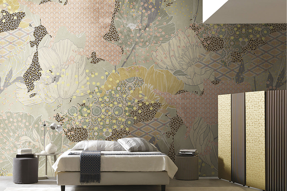A whimsical and intricate floral composition with layered patterns, including blooming flowers, delicate leaves, and geometric motifs like scallops and diamond grids. The color palette blends soft pastels with muted greens and occasional pops of black and gold for contrast.