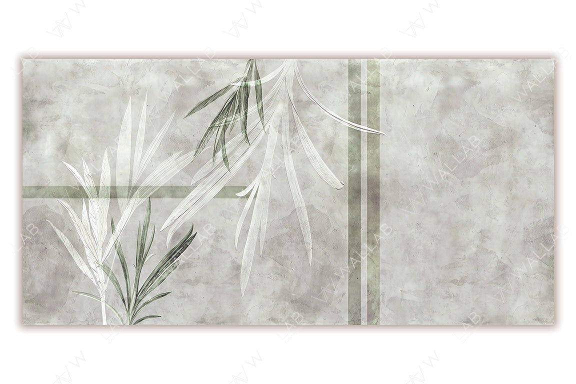 An elegant composition of soft botanical elements, such as flowing leaves, rendered in neutral beige and taupe tones. Subtle linear accents intersect the design, adding structure to the organic forms. The muted, textured background enhances the refined and minimalist aesthetic.