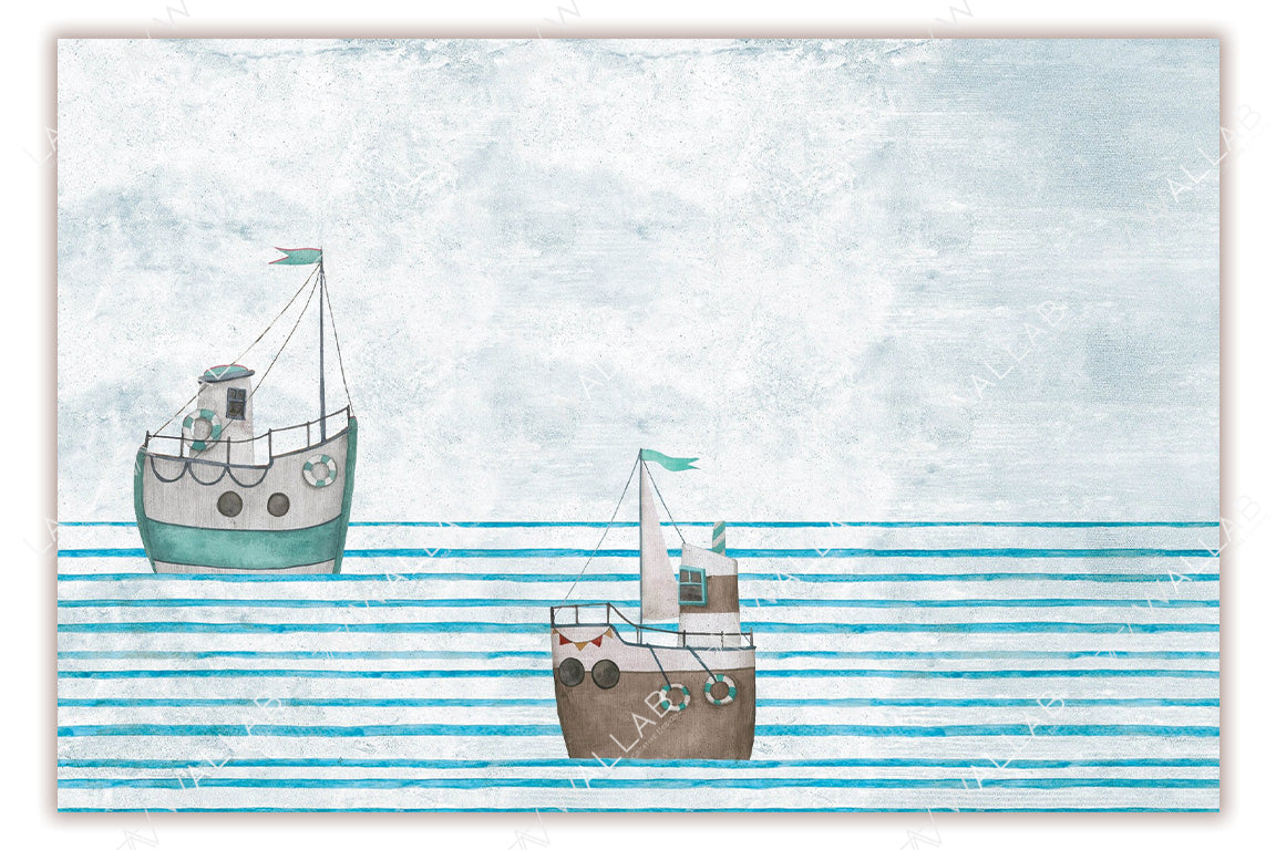 Two whimsical, hand-drawn boats floating on a calm, striped blue sea. The boats are adorned with lifebuoys, flags, and nautical details, set against a soft-textured, pale sky. Ideal for children's room decor, playful ocean-themed designs, or nautical art projects.