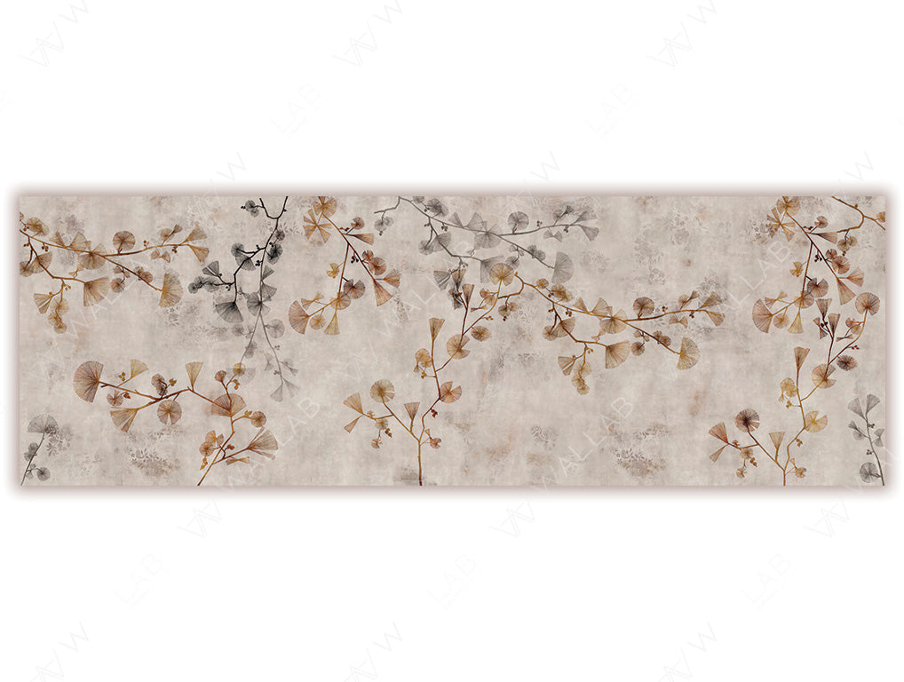 A subtle wallpaper mural featuring delicate branches adorned with ginkgo leaves in warm tones of beige, gold, and brown on a textured, neutral background. The design offers a soft, natural aesthetic, perfect for adding an understated elegance to interiors.