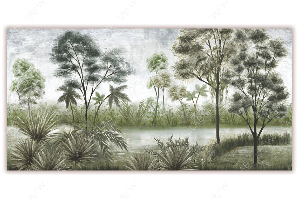 A lush, verdant landscape with tall trees and abundant foliage surrounding a serene body of water. The soft green tones and painterly texture evoke a tranquil, tropical vibe. It conveys a sense of calm and natural beauty, perfect for adding a peaceful ambiance to any space.