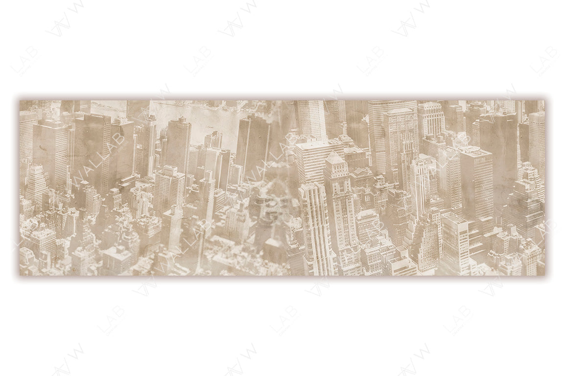 A monochromatic cityscape with densely packed skyscrapers rendered in soft tones. The buildings blend seamlessly into one another, creating a layered and slightly foggy effect, evoking an urban atmosphere with a modern, minimalist touch. The grayscale palette adds a sophisticated and timeless appeal, ideal for contemporary decor.
