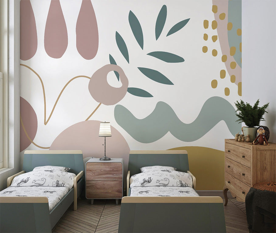 This abstract illustration features a neutral-toned palette with soft beige, muted greens, and warm gold. The design incorporates organic shapes, flowing lines, and minimalist leaves, creating a modern and calming aesthetic.