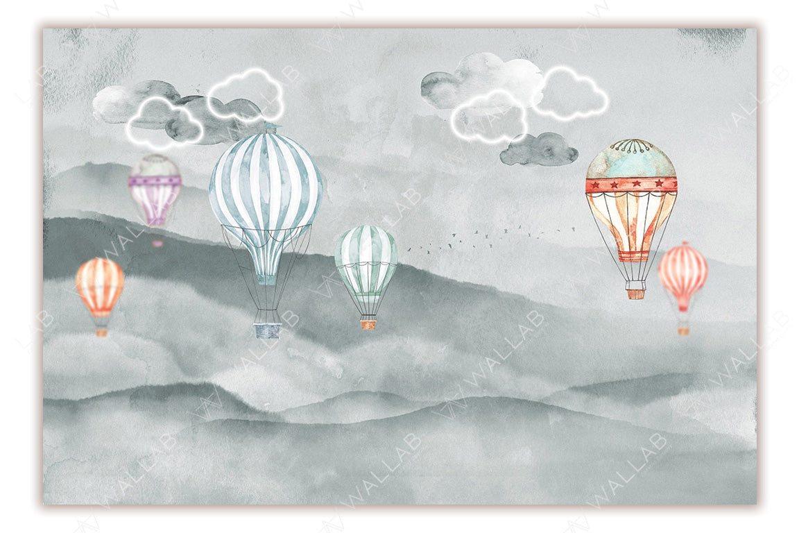 A dreamy watercolor illustration of hot air balloons floating gracefully over soft, misty hills. The balloons come in various pastel shades with delicate patterns, and fluffy clouds add a whimsical touch to the sky. Ideal for use in children’s decor, fantasy-themed designs, or serene travel-related visuals.