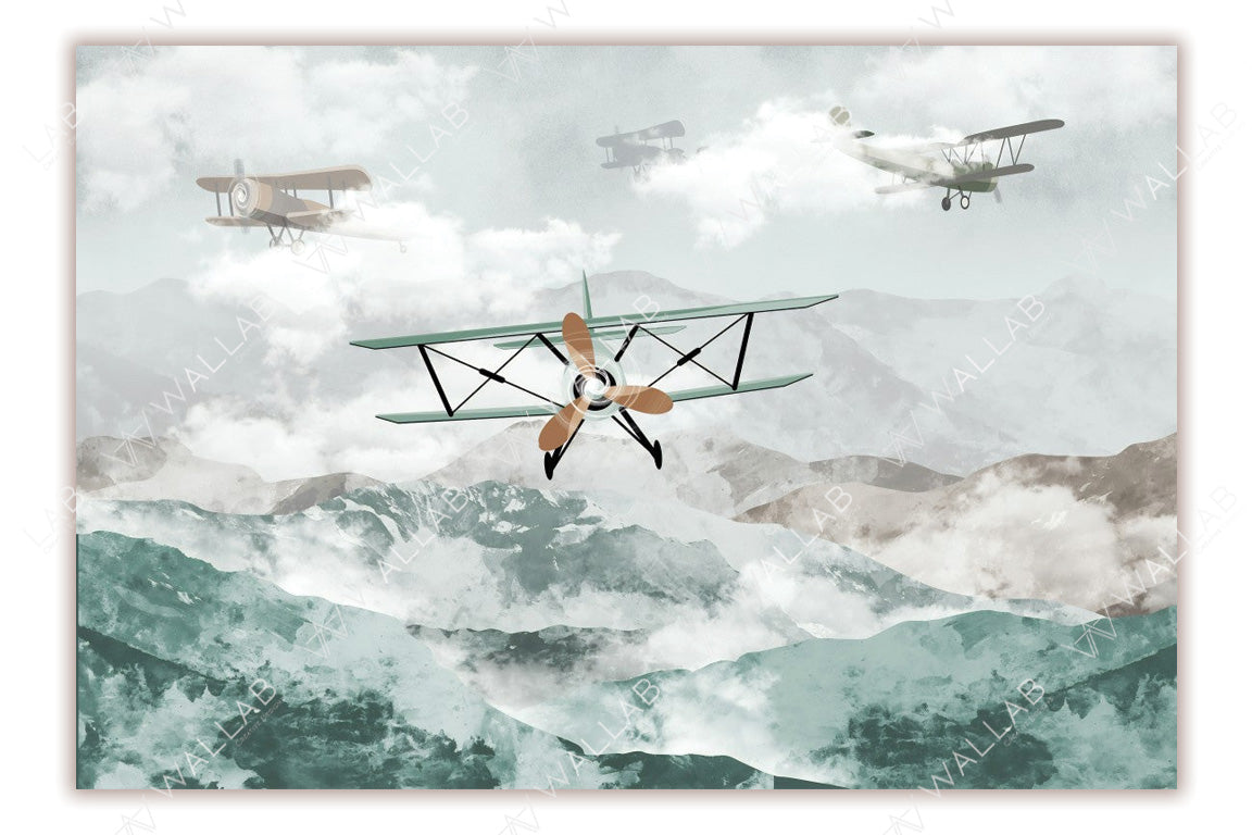 This captivating image showcases vintage biplanes soaring over rugged mountain ranges, framed by soft clouds and a dreamy sky. The leading biplane with a wooden propeller is depicted in sharp detail, while others appear hazy in the background, adding depth and movement. A nostalgic representation of early aviation against a stunning natural backdrop.