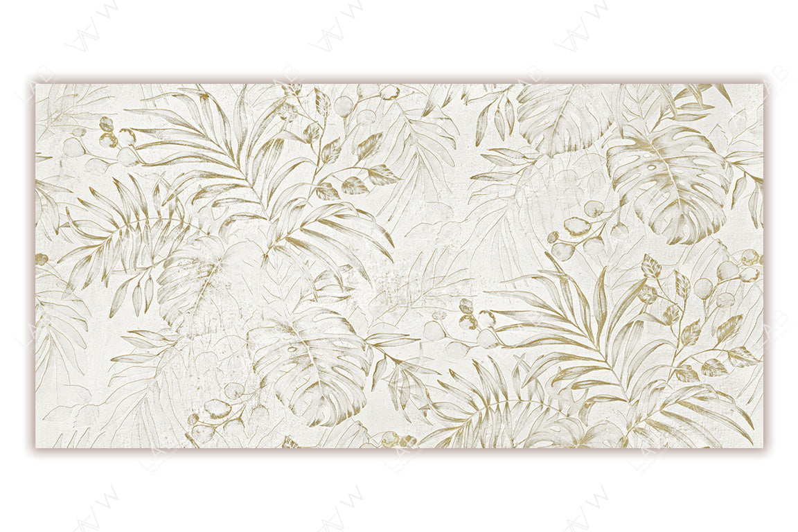 A tropical-inspired botanical pattern with delicate illustrations of palm leaves, monstera foliage, and subtle clusters of fruits. The color palette consists of soft greens, muted blues, and gentle earthy tones on a beige background, creating a serene and vintage aesthetic. Perfect for wallpaper or fabric designs.