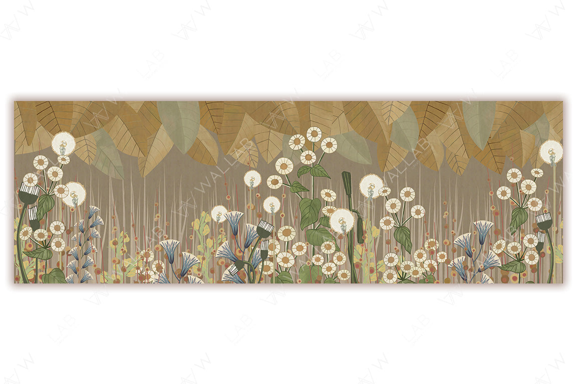 A whimsical botanical illustration featuring dandelion-like flowers, tall grasses, and large overlapping leaves in muted earthy tones of Beige, green, and brown. The stylized design creates a calming and artistic meadow-inspired scene with a modern touch.
