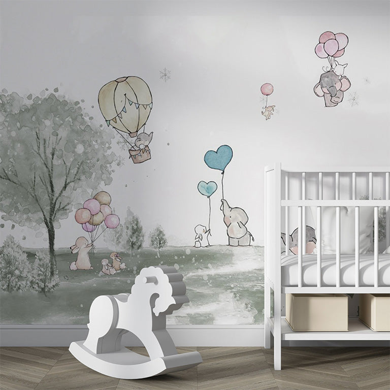A serene, whimsical scene of animals in a lush meadow. It features elephants, rabbits, and birds, some holding pastel-colored balloons or floating in a hot air balloon. The soft watercolor style and muted green tones create a gentle, dreamlike atmosphere, ideal for a children's theme or nursery decor.