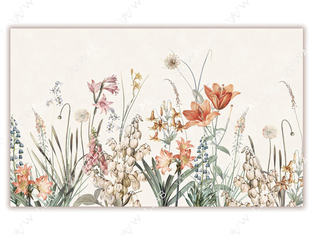 This detailed illustration showcases an array of wildflowers, including lilies, bellflowers, and other delicate blooms, in soft shades of orange, pink, blue, and cream. The intricate design highlights the flowers' natural textures and fine details against a neutral background.