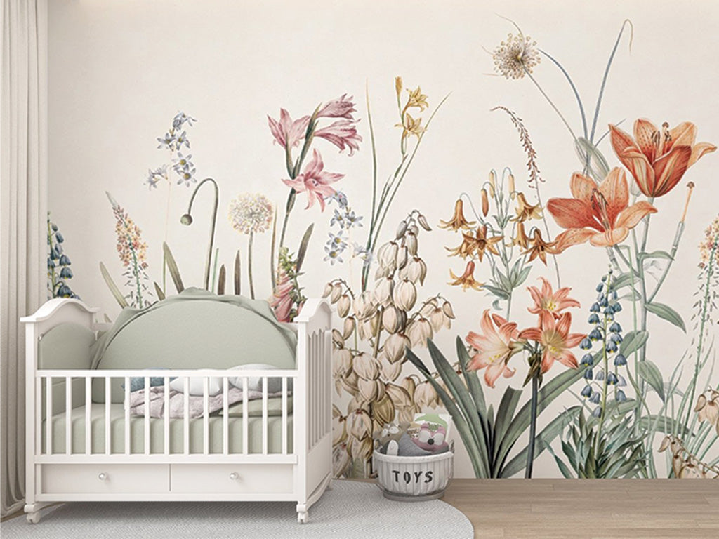 This detailed illustration showcases an array of wildflowers, including lilies, bellflowers, and other delicate blooms, in soft shades of orange, pink, blue, and cream. The intricate design highlights the flowers' natural textures and fine details against a neutral background.