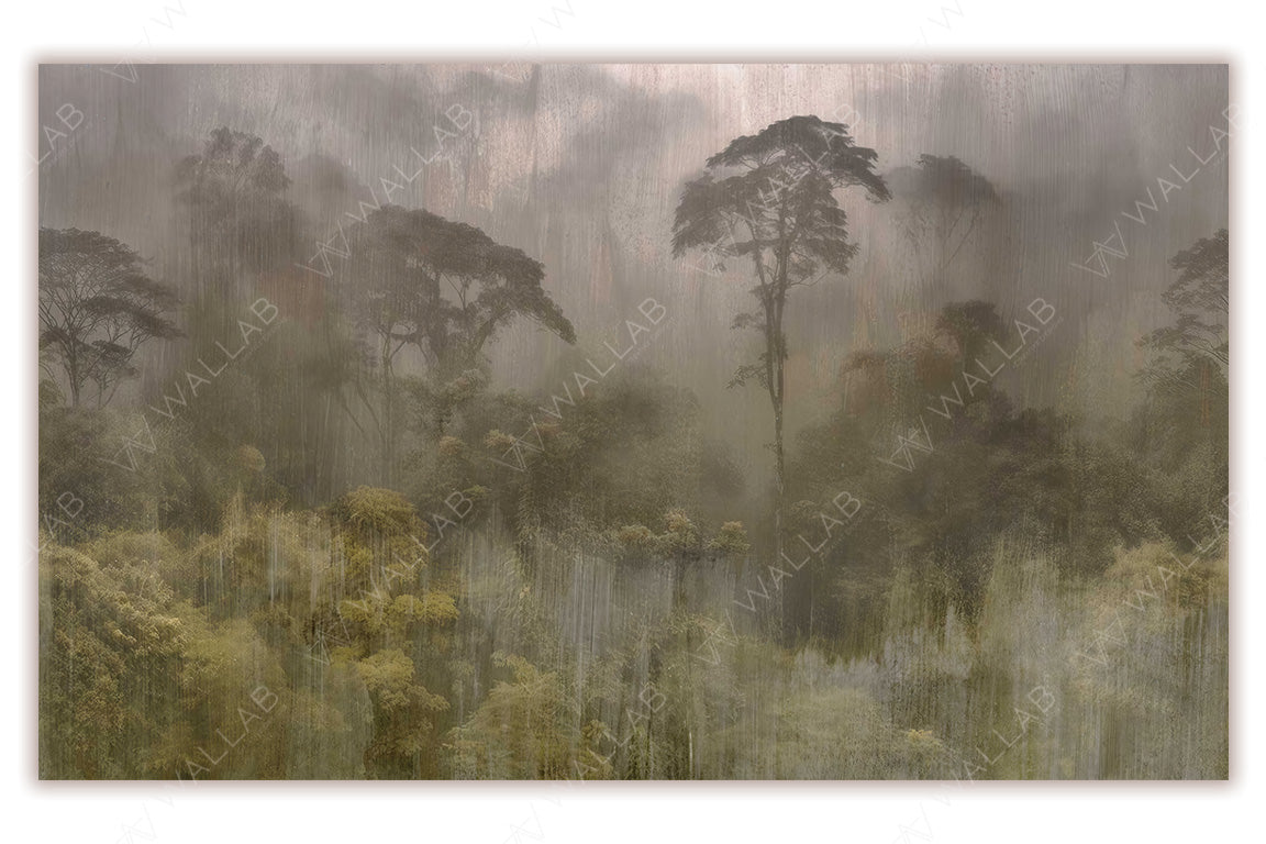 A serene wallpaper mural depicting a misty rainforest with tall, silhouetted trees and dense foliage fading into soft, muted tones. The design evokes a tranquil and atmospheric feeling, with a painterly texture that adds depth and elegance. Ideal for creating a calm, nature-inspired ambiance in any space.