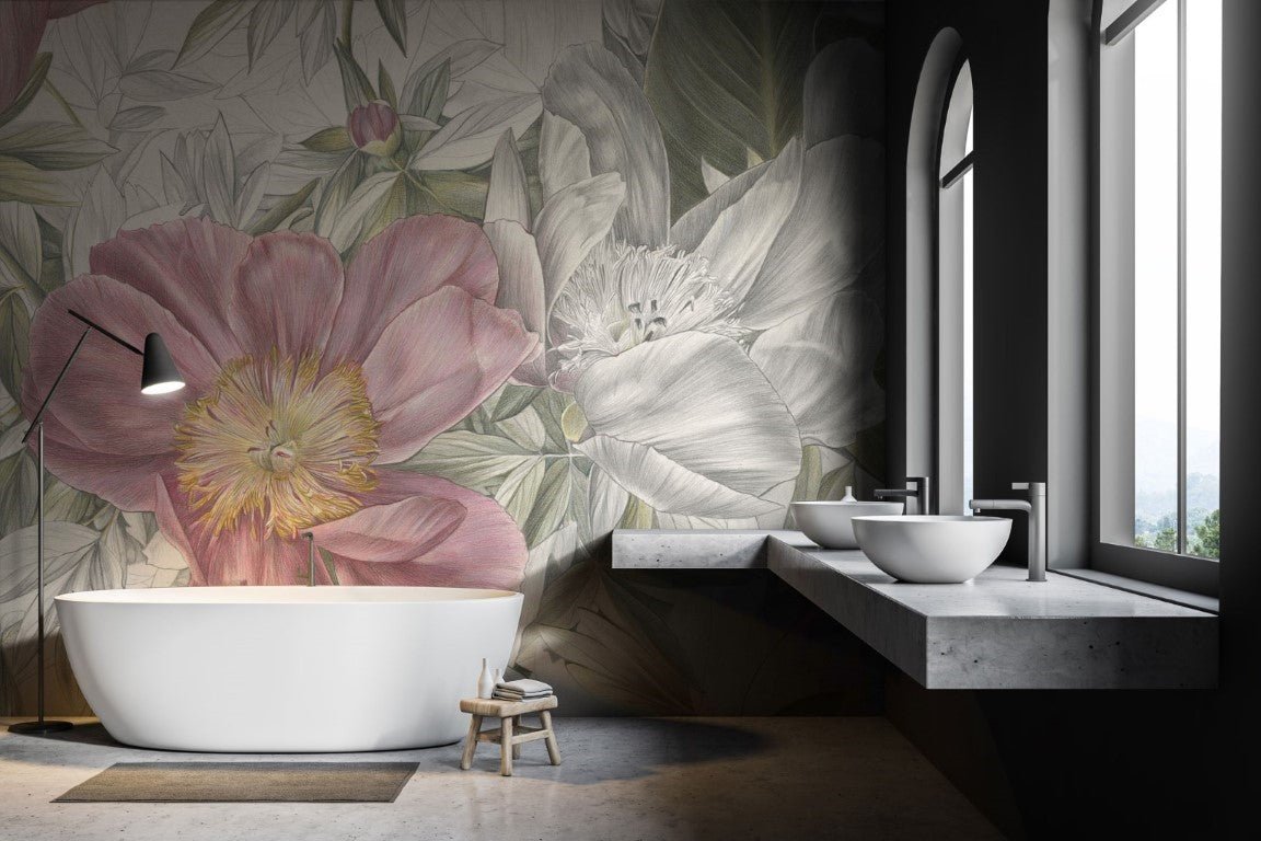 A vibrant floral composition with large pink peonies and detailed leaves in shades of green and gray. The intricate hand-drawn style and soft, natural colors create a delicate and elegant aesthetic. Ideal for use in botanical artwork or nature-inspired decor themes.