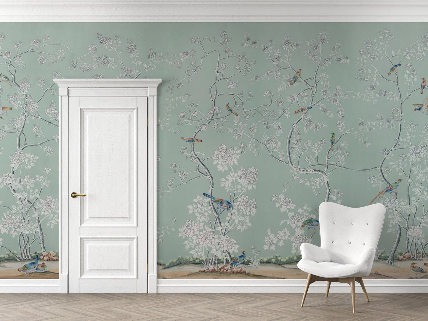 A serene depiction of a lush natural landscape with delicate flowering trees against a soft green background. Vibrantly colored birds are perched and in flight, adding movement and life to the scene. The intricate detailing of the flora and fauna creates an elegant and tranquil atmosphere.