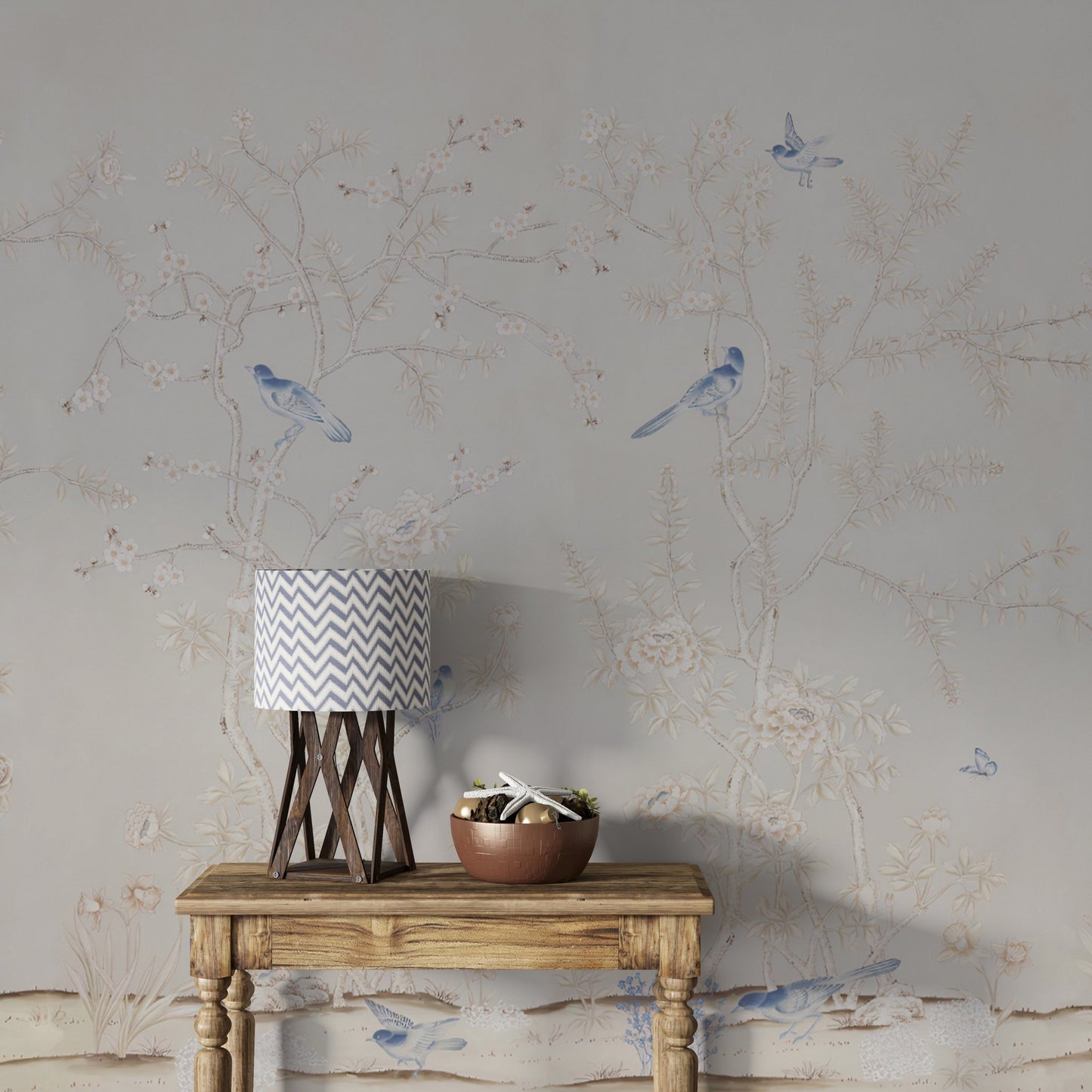 serene scene with delicate trees adorned with blooming flowers and perched blue birds, all set against a soft, pastel-toned background. The intricate details of the flora and fauna evoke a tranquil, nature-inspired ambiance. The muted colors and elegant composition create a calming and timeless aesthetic.