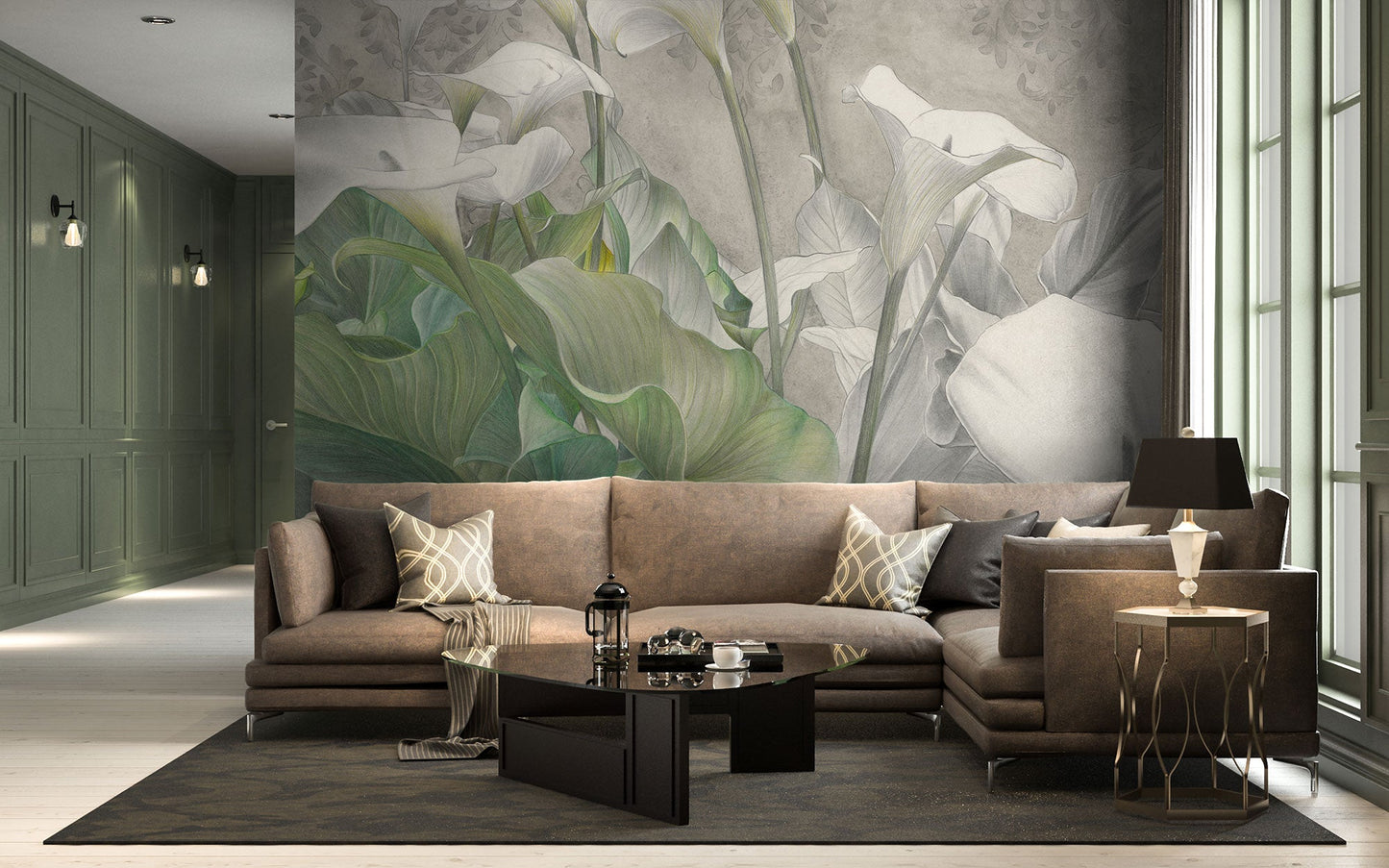 A sophisticated wallpaper mural featuring elegant white calla lilies with lush green leaves set against a textured gray background with subtle floral patterns. The design combines botanical beauty with a classic backdrop, perfect for adding a refined and tranquil atmosphere to any room.