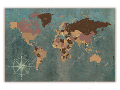 A vintage-style world map wallpaper mural featuring muted earth tones on a textured background. The map includes labeled countries, continents, and oceans, with a decorative compass rose in the bottom left corner. Ideal for adding a timeless, globetrotting vibe to office or living spaces.