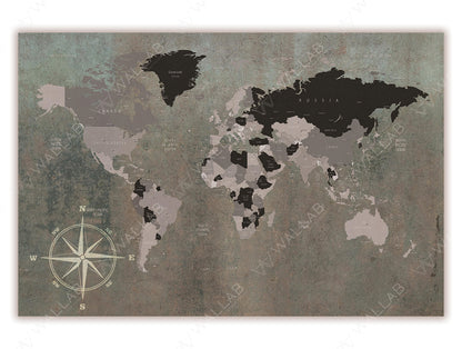 A vintage-style world map wallpaper mural featuring muted earth tones on a textured background. The map includes labeled countries, continents, and oceans, with a decorative compass rose in the bottom left corner. Ideal for adding a timeless, globetrotting vibe to office or living spaces.