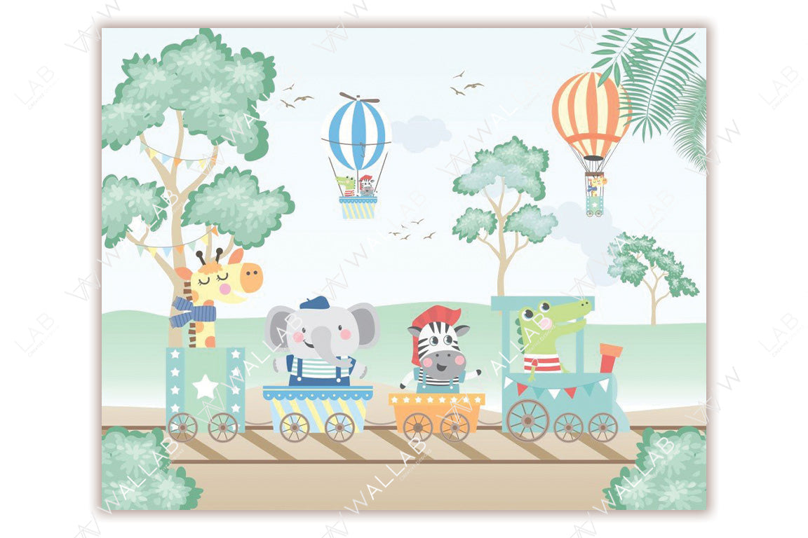 A delightful illustration features a whimsical train filled with cute animal passengers, including a giraffe, an elephant, a zebra, and a crocodile, each wearing playful outfits. The train travels through a lush green landscape with trees, while colorful hot air balloons float in the background.
