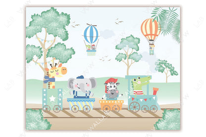 A delightful illustration features a whimsical train filled with cute animal passengers, including a giraffe, an elephant, a zebra, and a crocodile, each wearing playful outfits. The train travels through a lush green landscape with trees, while colorful hot air balloons float in the background.