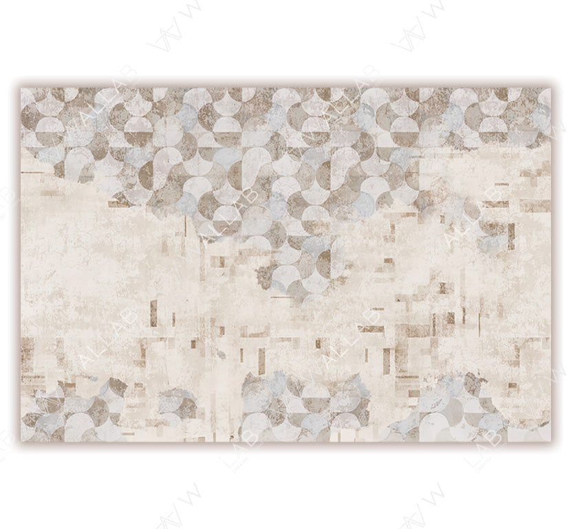 A modern wallpaper design featuring an abstract arrangement of geometric shapes, including overlapping circles and rectangles, in soft beige, gray, and muted blue tones. The textured, distressed background enhances its contemporary and artistic aesthetic.