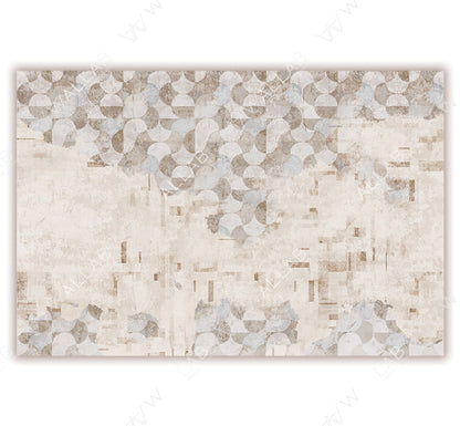 A modern wallpaper design featuring an abstract arrangement of geometric shapes, including overlapping circles and rectangles, in soft beige, gray, and muted blue tones. The textured, distressed background enhances its contemporary and artistic aesthetic.