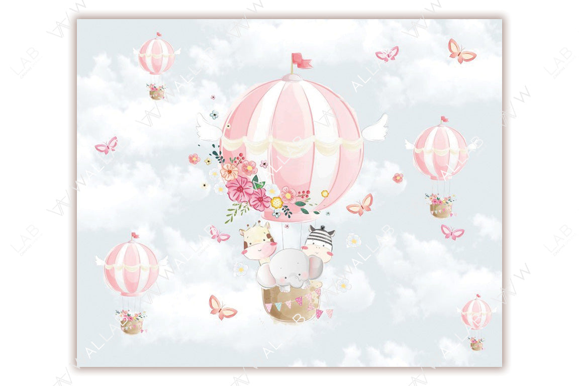 This adorable illustration shows pink hot air balloons adorned with flowers and bunting, floating through a cloudy sky surrounded by butterflies. Inside the main balloon, a cheerful trio of animals—an elephant, a giraffe, and a zebra—peek out playfully. A whimsical and heartwarming scene perfect for children's decor or nursery themes.