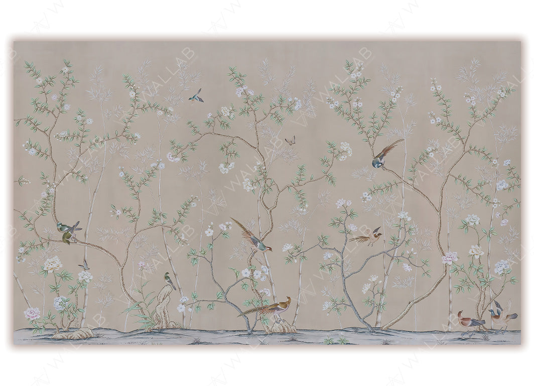 A delicate wallpaper design featuring intricate branches with light green leaves and blooming white flowers against a muted beige background. Small birds, in various poses, perch gracefully on the branches or fly mid-air, adding life to the serene and elegant scene. The composition has a soft, traditional, and nature-inspired aesthetic.