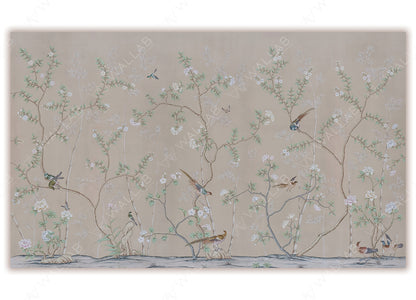 A delicate wallpaper design featuring intricate branches with light green leaves and blooming white flowers against a muted beige background. Small birds, in various poses, perch gracefully on the branches or fly mid-air, adding life to the serene and elegant scene. The composition has a soft, traditional, and nature-inspired aesthetic.