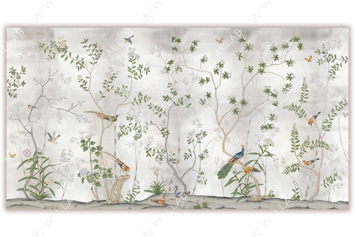 An elegant and nature-inspired mural with slender tree branches, blooming flowers, and colorful birds gracefully perched throughout. The backdrop is soft and muted, enhancing the delicate beauty of the scene. Butterflies and lush foliage add to the serene and enchanting atmosphere, perfect for creating a tranquil ambiance.