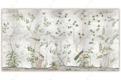 An elegant and nature-inspired mural with slender tree branches, blooming flowers, and colorful birds gracefully perched throughout. The backdrop is soft and muted, enhancing the delicate beauty of the scene. Butterflies and lush foliage add to the serene and enchanting atmosphere, perfect for creating a tranquil ambiance.