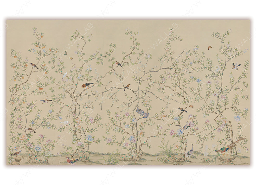 A detailed and elegant wallpaper featuring intertwining branches adorned with pastel blossoms and delicate green leaves against a soft beige background. Small birds in various poses are perched on the branches or fluttering nearby, adding a sense of life and movement to the tranquil, nature-inspired design.