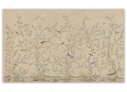 A detailed and elegant wallpaper featuring intertwining branches adorned with pastel blossoms and delicate green leaves against a soft beige background. Small birds in various poses are perched on the branches or fluttering nearby, adding a sense of life and movement to the tranquil, nature-inspired design.