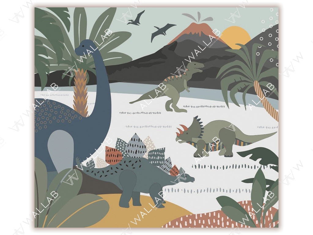 This illustration depicts a prehistoric scene featuring various dinosaurs, including a Brachiosaurus, Triceratops, and Stegosaurus, set against a backdrop of palm trees, a volcanic mountain, and a setting sun. Flying pterosaurs soar above, enhancing the ancient, Jurassic atmosphere. The soft, earthy color palette adds a playful and whimsical touch.