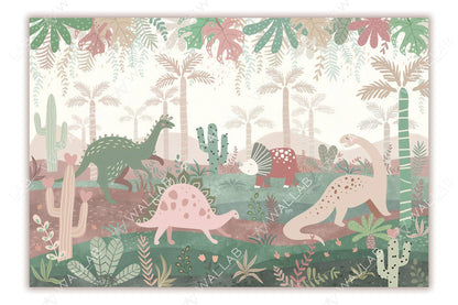 A playful and colorful depiction of dinosaurs in a lush prehistoric landscape. Featuring various species like a long-necked dinosaur, a spiky-backed stegosaurus, and a triceratops, the scene is filled with tropical plants, palm trees, and whimsical cacti with heart-shaped accents. The pastel color palette and friendly dinosaur designs make it perfect for a children's setting.
