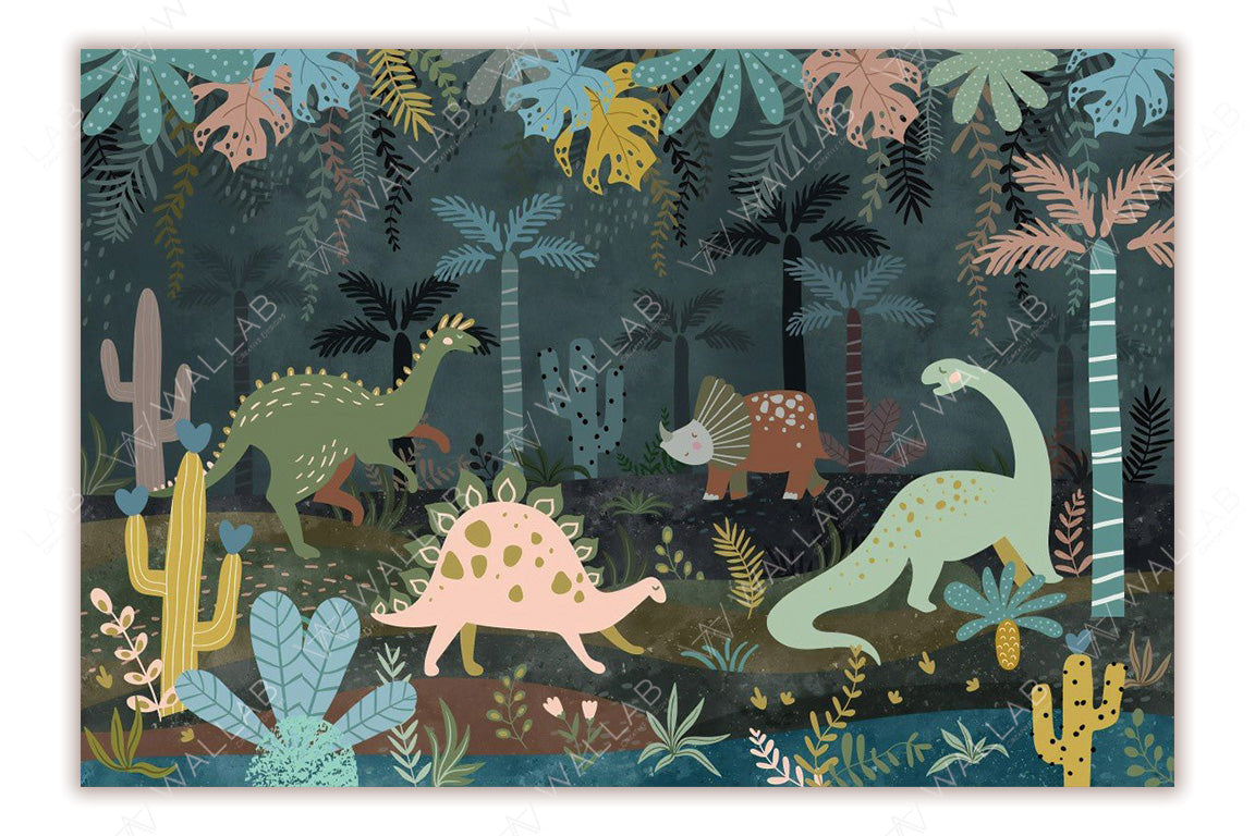 A playful and colorful depiction of dinosaurs in a lush prehistoric landscape. Featuring various species like a long-necked dinosaur, a spiky-backed stegosaurus, and a triceratops, the scene is filled with tropical plants, palm trees, and whimsical cacti with heart-shaped accents. The pastel color palette and friendly dinosaur designs make it perfect for a children's setting.