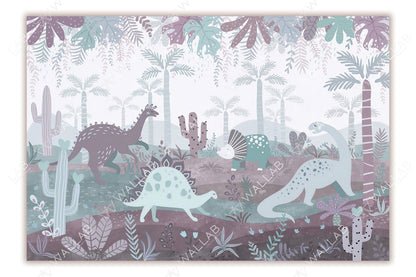 A playful and colorful depiction of dinosaurs in a lush prehistoric landscape. Featuring various species like a long-necked dinosaur, a spiky-backed stegosaurus, and a triceratops, the scene is filled with tropical plants, palm trees, and whimsical cacti with heart-shaped accents. The pastel color palette and friendly dinosaur designs make it perfect for a children's setting.