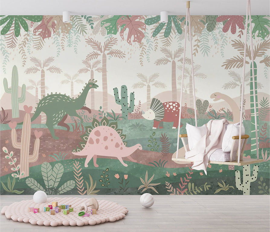 A playful and colorful depiction of dinosaurs in a lush prehistoric landscape. Featuring various species like a long-necked dinosaur, a spiky-backed stegosaurus, and a triceratops, the scene is filled with tropical plants, palm trees, and whimsical cacti with heart-shaped accents. The pastel color palette and friendly dinosaur designs make it perfect for a children's setting.