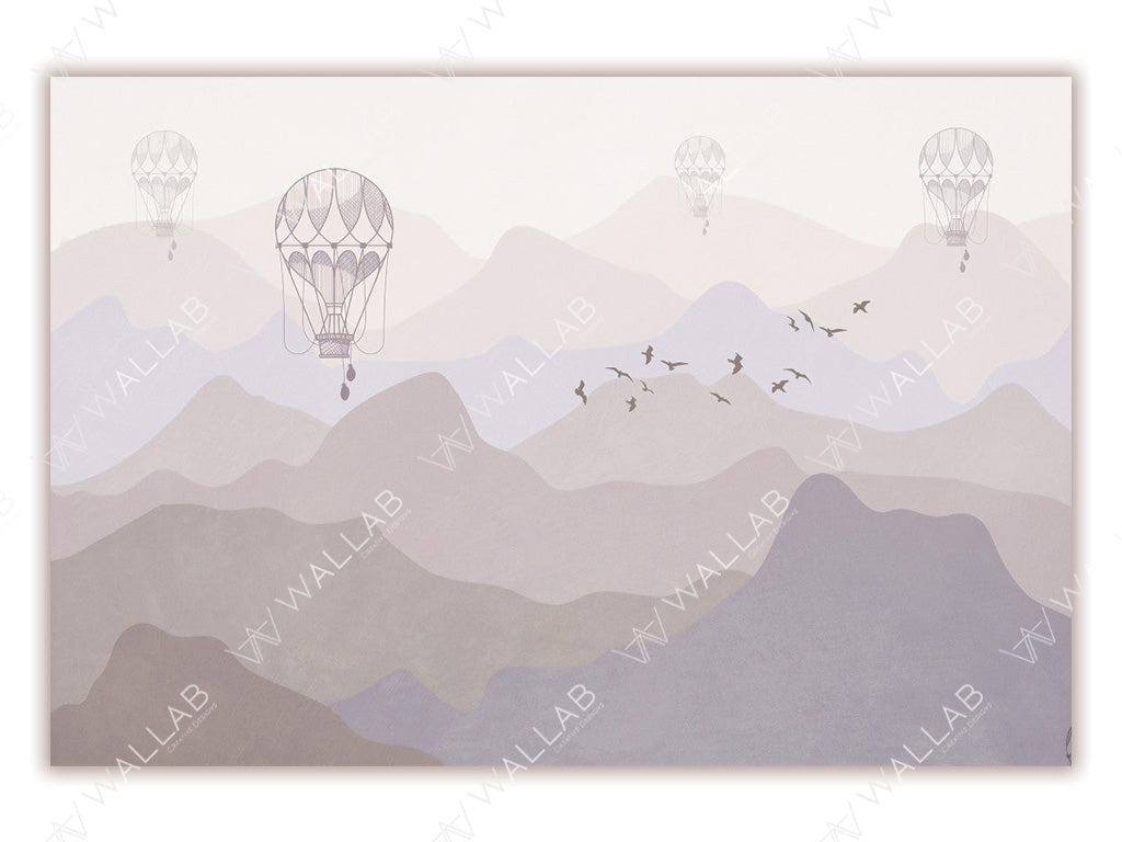 A serene mountain landscape in soft pastel hues, with hot air balloons floating in the misty sky and a flock of birds flying across the horizon. The minimalistic design exudes a peaceful and dreamy atmosphere.