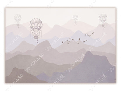 A serene mountain landscape in soft pastel hues, with hot air balloons floating in the misty sky and a flock of birds flying across the horizon. The minimalistic design exudes a peaceful and dreamy atmosphere.